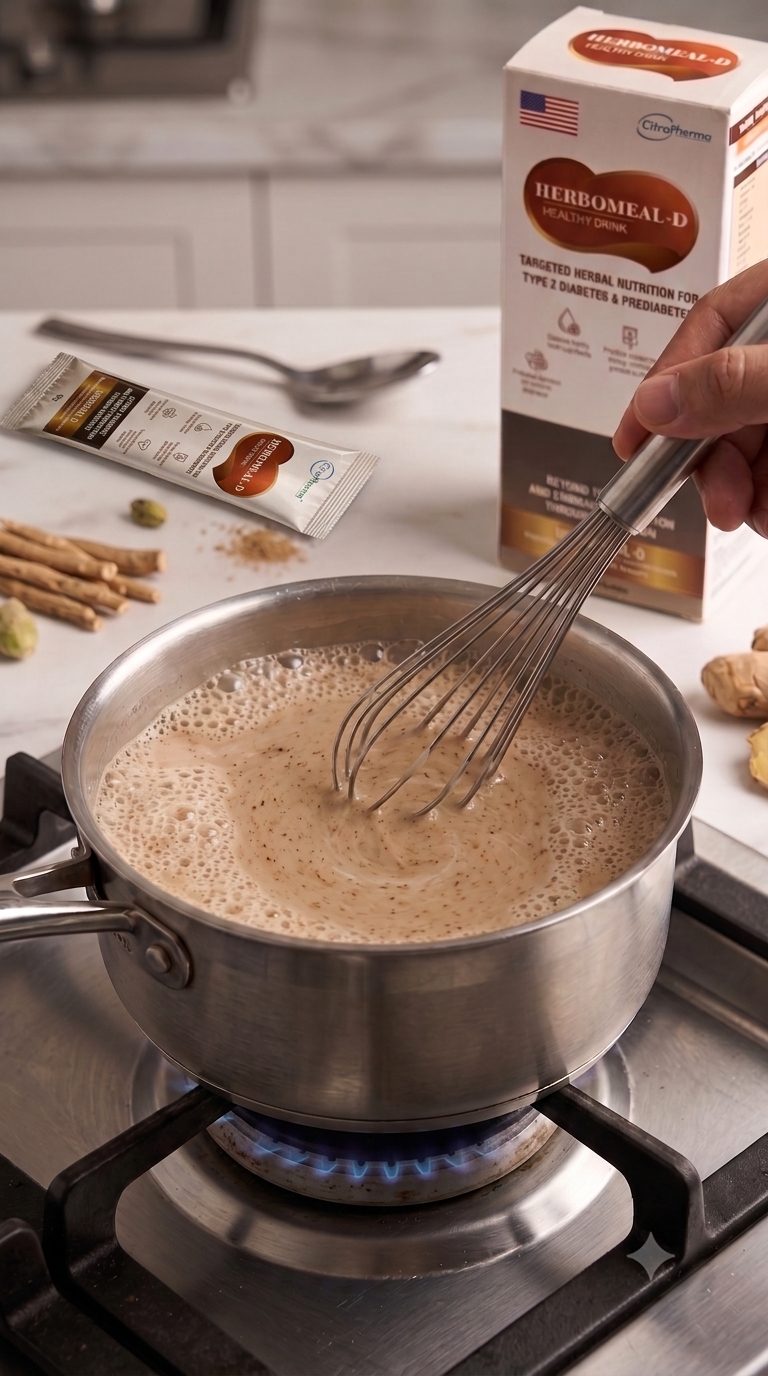 Stirring HERBOMEAL-D drink on medium heat